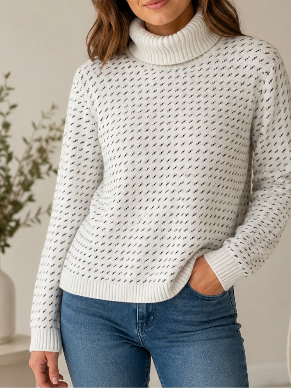 Karen Scott White Pointelle Turtleneck Sweater
